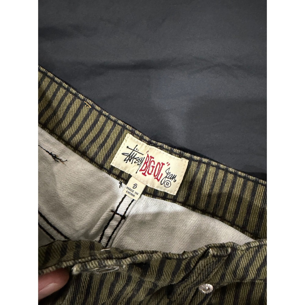 Stussy Big Ol Jeans Olive Black Striped Denim Straight Leg Pants Mens 30x30 NWT - Picture 4 of 7